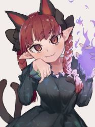 Rule 34 | 1girl, :3, animal ears, arolayukomori, black bow, bow, braid, cat ears, cat girl, cat tail, dress, extra ears, eyebrows hidden by hair, fang, fangs, fangs out, green dress, hair bow, kaenbyou rin, long hair, long sleeves, looking at viewer, multiple tails, nekomata, paw pose, pointy ears, red eyes, red hair, solo, tail, touhou, twin braids, two tails