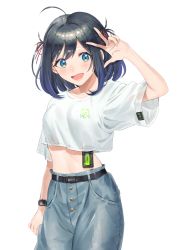 Rule 34 | 1girl, :d, absurdres, ahoge, arm up, belt, black belt, black hair, blue eyes, blue pants, breasts, commentary request, cropped shirt, denim, hair ribbon, highres, jeans, looking at viewer, medium breasts, medium hair, midriff, official art, open mouth, original, pants, red ribbon, ribbon, shirt, short sleeves, simple background, sinomi, smartwatch, smile, solo, watch, white background, white shirt, wide sleeves, wristwatch