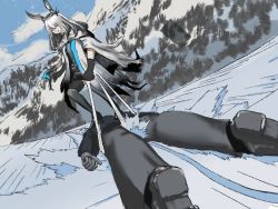 Rule 34 | 1boy, 1girl, animal ears, arknights, bad id, bad pixiv id, blobfish2333, chinese commentary, commentary request, doctor (arknights), face down, forest, frostnova (arknights), gintama, gloves, highres, mountain, nature, parody, rabbit ears, skiing, snow, snowboard, wedgie