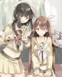 Rule 34 | !?, 10s, 2girls, black hair, braid, braided ponytail, breasts, brown hair, brushing another&#039;s hair, brushing hair, chair, chibirisu, commentary request, furrowed brow, highres, indoors, jpeg artifacts, kantai collection, kitakami (kancolle), long hair, medium breasts, midriff, multiple girls, navel, neckerchief, ooi (kancolle), pleated skirt, red hair, remodel (kantai collection), school uniform, serafuku, single braid, sitting, skirt, sweat, translation request, twitter username, wavy mouth, white neckerchief