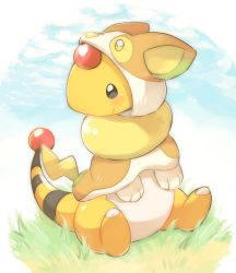 Rule 34 | ampharos, black eyes, blush, closed mouth, commentary request, cosplay, creatures (company), day, full body, game freak, gen 2 pokemon, gen 8 pokemon, looking down, nintendo, no humans, outdoors, pokemon, pokemon (creature), pokemon ears, pokemon tail, signature, sitting, smile, solo, tail, tansho, yamper, yamper (cosplay)