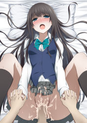 Rule 34 | 1boy, 1girl, :o, absurdres, bad id, bad pixiv id, black hair, black socks, blue bow, blue eyes, blue vest, blush, bow, bowtie, censored, clothed sex, cum, cum in pussy, female orgasm, grey skirt, hetero, highres, holding hands, kagerabo, kneehighs, long hair, looking at viewer, lying, m legs, missionary, mosaic censoring, on back, open mouth, orgasm, original, cum overflow, penis, pillow, plaid, plaid skirt, raised eyebrows, school uniform, sex, shirt, skirt, socks, solo focus, striped, striped bow, sweat, torogao, vaginal, vest, white shirt