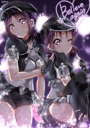 Rule 34 | 2girls, alternate hairstyle, artist name, bad id, bad twitter id, black legwear, breasts, commentary request, english text, fingerless gloves, fishnets, gloves, hair down, hat, headset, heart, highres, kazuno leah, kazuno sarah, long hair, looking at viewer, love live!, love live! sunshine!!, love live! sunshine!! the school idol movie over the rainbow, low twintails, medium breasts, multiple girls, one eye closed, panda copt, purple eyes, purple hair, short shorts, short sleeves, shorts, siblings, sidelocks, sisters, smile, spoilers, twintails