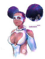 Rule 34 | 1girl, afro, alt text, alternate hairstyle, alternate skin color, big hair, black hair, blue leotard, breasts, brown eyes, cleavage, cleavage cutout, clothing cutout, commentary, cornrows, dark-skinned female, dark skin, double bun, english commentary, forehead, hair bun, heart cutout, highres, lens flare, leotard, lips, quasimodox, rainbow mika, solo, street fighter, street fighter v, upper body, very dark skin, wrestling mask, wrestling outfit