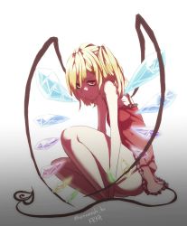 Rule 34 | 1girl, artist name, blonde hair, camisole, crystal, demon tail, flandre scarlet, full body, gradient background, highres, krkh, looking at viewer, no headwear, red eyes, sad, short hair, side ponytail, sitting, sleeveless, solo, tail, touhou, twitter username, wings