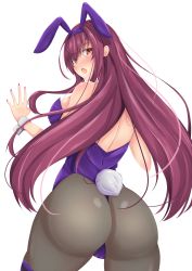 Rule 34 | 1girl, :o, absurdres, animal ears, ass, back, bare shoulders, blue bunny ears, blue leotard, blush, breasts, cameltoe, commentary request, fake animal ears, fate/grand order, fate (series), female focus, fishnet pantyhose, fishnets, hand up, highres, huge ass, isane, large breasts, leotard, long hair, looking at viewer, looking back, nail polish, official alternate costume, open mouth, pantyhose, playboy bunny, purple hair, purple nails, rabbit ears, rabbit tail, red eyes, scathach (fate), scathach (piercing bunny) (fate), simple background, solo, standing, strapless, strapless leotard, tail, type-moon, white background, wrist cuffs