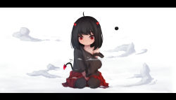 Rule 34 | 1girl, age regression, aged down, ahoge, bare shoulders, between legs, black hair, black thighhighs, closed mouth, demon girl, demon horns, demon tail, full body, hand between legs, horns, letterboxed, long hair, off shoulder, original, oversized clothes, oversized shirt, pleated skirt, red eyes, red skirt, seiza, shimmer, shirt, simple background, sitting, skirt, smoke, solo, tail, thighhighs, white background