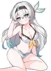 Rule 34 | 1girl, adapted costume, aqua eyes, aqua hair, bikini, black headband, blush, breasts, cleavage, feet out of frame, firefly (honkai: star rail), gradient hair, grey hair, hair ornament, headband, highres, honkai: star rail, honkai (series), long hair, looking at viewer, medium breasts, multicolored eyes, multicolored hair, navel, pink eyes, simple background, smile, solo, stomach, swimsuit, white background, xtacy