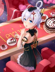 Rule 34 | 1girl, absurdres, bare shoulders, birthday, birthday cake, blue eyes, cake, cake slice, chair, cup, food, food in mouth, fork, hair between eyes, hair ornament, happy birthday, highres, holding, honkai (series), honkai impact 3rd, licking, looking at viewer, lrh0123, plate, sitting, solo, table, tea, teacup, theresa apocalypse, zhuge kongming (honkai impact), white hair, zhuge kongming (honkai impact)