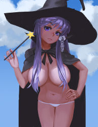 Rule 34 | 00s, 1girl, bad id, bad pixiv id, breasts, clannad, cleavage, cloak, contrapposto, doyora, female focus, fujibayashi kyou, hair censor, hair ribbon, hand on own hip, hat, head tilt, large breasts, leaning forward, long hair, navel, panties, purple eyes, purple hair, ribbon, solo, standing, topless, underwear, wand, white panties, witch hat
