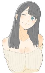 Rule 34 | 1girl, absurdres, aqua eyes, bad id, bad twitter id, bare shoulders, black hair, blunt bangs, blush, breasts, cleavage, closed mouth, donguri suzume, head tilt, highres, large breasts, long hair, looking at viewer, one eye closed, simple background, smile, solo, sweater vest, upper body, white background