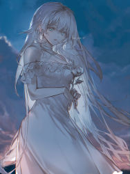 Rule 34 | 1girl, blue eyes, breasts, cloud, commentary, dress, expressionless, flower, grey hair, highres, holding, holding flower, long hair, looking at viewer, medium breasts, mole, mole under eye, original, outdoors, parted lips, rose, sleeveless, sleeveless dress, solo, sunset, twitter username, upper body, very long hair, white dress, white flower, white rose, yunikon