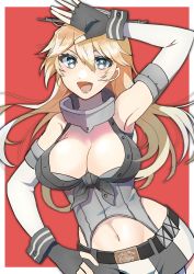 Rule 34 | 1girl, absurdres, blonde hair, blue eyes, border, breasts, cowboy shot, fingerless gloves, front-tie top, garter straps, gloves, hand on own hip, headgear, highres, iowa (kancolle), kantai collection, large breasts, looking at viewer, miniskirt, red background, skirt, smile, solo, star-shaped pupils, star (symbol), striped legwear, symbol-shaped pupils, toriniku senshi chikinman, two-tone background, vertical-striped legwear, white border