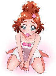 Rule 34 | 1girl, absurdres, bad id, bad pixiv id, condom, condom in mouth, condom wrapper, dress, eyebrows, go! princess precure, green eyes, haruno haruka, highres, looking at viewer, mouth hold, precure, red hair, sharumon, short hair, sitting, solo, thick eyebrows, wariza, white dress