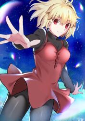 Rule 34 | 1girl, alternate costume, antenna hair, aozaki aoko, aozaki aoko (cosplay), arcueid brunestud, black pantyhose, black sweater, blonde hair, breasts, buttons, closed mouth, commentary request, company connection, cosplay, creator connection, crossover, dress, hair between eyes, highres, long sleeves, looking at viewer, mahou tsukai no yoru, mashimaro tabetai, medium breasts, night, night sky, pantyhose, red dress, red eyes, short hair, single hair intake, sky, smile, star (sky), sweater, tsukihime, tsukihime (remake), turtleneck, turtleneck sweater