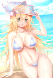 Rule 34 | 1girl, absurdres, adapted costume, arm support, bare shoulders, bikini, blonde hair, blue sky, blush, blush stickers, breasts, calcio, cleavage, cloud, cloudy sky, collarbone, commentary request, dark magician girl, day, duel monster, green eyes, hat, highres, long hair, looking at viewer, medium breasts, navel, ocean, open mouth, outdoors, see-through, shiny skin, simple background, sitting, sky, stomach, sunlight, sweat, sweatdrop, swimsuit, thighs, water, yu-gi-oh!, yu-gi-oh! duel monsters