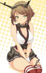 Rule 34 | 10s, 1girl, bare shoulders, blush, breasts, brown hair, cleavage, gloves, green eyes, headgear, kantai collection, large breasts, looking at viewer, midriff, miniskirt, mutsu (kancolle), navel, personification, red thighhighs, short hair, skirt, solo, thighhighs, touryou, white gloves