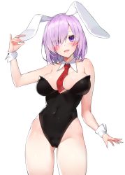 Rule 34 | 1girl, :d, absurdres, animal ears, arm up, bare arms, bare shoulders, between breasts, black leotard, blush, breasts, cleavage, commission, covered navel, cowboy shot, detached collar, eyes visible through hair, fake animal ears, fate/grand order, fate (series), gluteal fold, hair over one eye, highleg, highleg leotard, highres, ia (ias1010), large breasts, leotard, looking at viewer, mash kyrielight, necktie, necktie between breasts, open mouth, pixiv commission, playboy bunny, purple eyes, purple hair, rabbit ears, red necktie, short hair, simple background, smile, solo, strapless, strapless leotard, white background, wrist cuffs