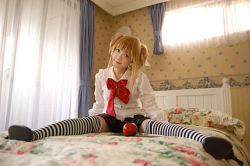 Rule 34 | 1girl, amane misa, apple, asian, bed, cosplay, cosplay photo, death note, food, fruit, photo (medium), solo, thighhighs, two side up