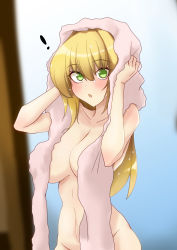 Rule 34 | !, 1girl, blonde hair, blush, breasts, collarbone, convenient censoring, drying, drying hair, fate/extra, fate (series), green eyes, hair intakes, highres, large breasts, long hair, looking at viewer, naked towel, navel, nero claudius (fate), nero claudius (fate) (all), nero claudius (fate/extra), open mouth, sawatarou (roto), solo, towel, towel on head