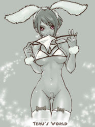 Rule 34 | 1girl, animal ears, bandaid, bandaid on pussy, bottomless, breasts, crotchless, grey background, greyscale, large breasts, looking at viewer, monochrome, narrow waist, rabbit ears, simple background, smile, solo, standing, thigh gap, thighhighs, thighs, thong