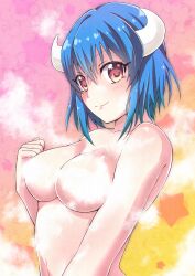 Rule 34 | 1girl, absurdres, blue hair, blush, breasts, brown eyes, closed mouth, collarbone, convenient censoring, cow girl, cow horns, highres, horns, jashin-chan dropkick, large breasts, looking at viewer, minos (jashin-chan dropkick), shiny skin, short hair, simple background, smile, solo, steam, steam censor, upper body, yuuki shushu