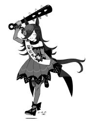 Rule 34 | 1girl, animal ears, arm up, club, club (weapon), dated, dress, closed eyes, flower, full body, greyscale, hair over one eye, hat, high heels, holding, holding weapon, horse ears, horse girl, horse tail, kanabou, kawashina (momen silicon), long hair, long sleeves, mini hat, monochrome, off-shoulder dress, off shoulder, open mouth, rice shower (umamusume), rose, running, sash, shoulder sash, solo, tail, translation request, umamusume, weapon