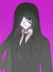 Rule 34 | 1girl, black coat, black eyes, black hair, black jacket, black necktie, black vest, closed mouth, coat, collared shirt, jacket, library of ruina, long hair, looking at viewer, martina (project moon), munjiduck, necktie, project moon, purple background, shirt, simple background, solo, upper body, very long hair, vest, white shirt