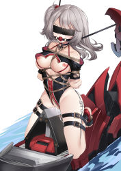 Rule 34 | 1girl, absurdres, arms behind back, azur lane, ball gag, bare shoulders, bdsm, black choker, black swimsuit, blindfold, bondage, bound, breasts, character name, choker, gag, grey hair, guangmi, highres, iron cross, long hair, looking at viewer, mechanical animal, medium breasts, nipples, one-piece swimsuit, pussy juice, restrained, rope, shibari, shibari over clothes, simple background, swimsuit, thigh strap, tied up, u-410 (azur lane), water, white background, wooden horse