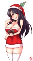 Rule 34 | 1girl, black hair, breasts, christmas tree, cleavage, cowboy shot, dated, dress, fusou (kancolle), hair ornament, hat, highres, kanon (kurogane knights), kantai collection, large breasts, logo, long hair, looking at viewer, panties, pantyshot, red dress, red eyes, santa hat, simple background, solo, standing, strapless, strapless dress, thighhighs, underwear, white background, white panties, white thighhighs