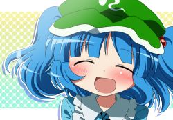 Rule 34 | 1girl, ^ ^, ayu (iyokanya), blue hair, closed eyes, female focus, gradient background, green hat, hair bobbles, hair ornament, hat, kawashiro nitori, open mouth, outline, outside border, portrait, short hair, short sleeves, smile, solo, touhou, twintails, two side up