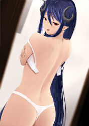 Rule 34 | 1girl, ass, back, blue hair, bra, brown eyes, commentary request, cowboy shot, curled horns, dc24v, demon girl, demon horns, from behind, grey horns, hair between eyes, hebiyoi tier, horns, long hair, looking at viewer, looking back, multicolored hair, nanashi inc., open mouth, panties, pointy ears, sidelocks, smile, solo, sugar lyric, two-tone hair, underwear, undone bra, unfastened, virtual youtuber, white bra, white panties