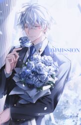 Rule 34 | 1boy, abstract background, artist name, black suit, blue eyes, blue flower, blue necktie, blue rose, blue theme, bouquet, collared shirt, column, commentary, commission, crossed bangs, english commentary, english text, facial tattoo, flower, flower tattoo, formal, holding, holding bouquet, holding flower, looking to the side, male focus, necktie, original, pillar, rose, shirt, short hair, skeb commission, smile, solo, suit, tattoo, umeno shii, upper body, white hair, white shirt