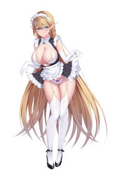 Rule 34 | 1girl, absurdres, apron, bikini, black dress, blonde hair, blush, braid, breasts, cleavage, dress, earrings, elbow gloves, elf, feng mouren, french braid, full body, gloves, high heels, highres, jewelry, large breasts, long hair, looking at viewer, maid, maid apron, maid bikini, maid headdress, original, panties, pointy ears, short dress, smile, swimsuit, thighhighs, unconventional maid, underwear, very long hair, waist apron, white apron, white gloves, white panties, white thighhighs