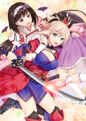 Rule 34 | 2girls, :d, bat (animal), black hair, blue eyes, breasts, carrying over shoulder, cleavage, commentary request, fate/grand order, fate (series), hairband, japanese clothes, jewelry, katana, kimono, large breasts, long hair, magatama, magatama necklace, miyamoto musashi (fate), miyamoto musashi (second ascension) (fate), multiple girls, necklace, open mouth, osakabehime (fate), pink hair, purple eyes, purple skirt, skirt, smile, sword, thighhighs, twintails, very long hair, weapon
