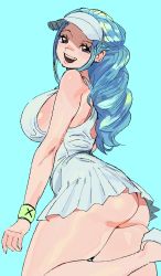 Rule 34 | 1girl, absurdres, alternate costume, alternate hairstyle, ass, ass focus, back, blue hair, blush, breasts, highres, huge ass, large breasts, long hair, looking at viewer, nefertari vivi, one piece, open mouth, sideboob, skirt, smile, solo, sportswear, tennis, tennis uniform, thick thighs, thighs, visor cap, whoopsatro