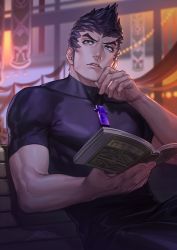Rule 34 | 1boy, bench, black hair, black shirt, book, hand on own chin, highres, holding, holding book, indoors, iroha (akei0710), looking afar, male focus, malos (xenoblade), muscular, nintendo, shirt, short sleeves, signature, skin tight, solo, xenoblade chronicles (series), xenoblade chronicles 2, xenoblade chronicles (series), xenoblade chronicles 2