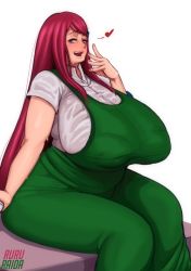 Rule 34 | 1girl, blue eyes, blush, breasts, curvy, gigantic breasts, half-closed eyes, heart, highres, long hair, looking at viewer, mature female, naruto (series), naruto shippuuden, naughty face, open mouth, plump, red hair, ruru-raida, simple background, sitting, smile, solo, uzumaki kushina, very long hair, white background