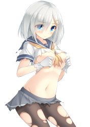 Rule 34 | 10s, 1girl, black pantyhose, blue eyes, blush, breasts, cowboy shot, gloves, hair ornament, hair over one eye, hamakaze (kancolle), highres, kantai collection, large breasts, looking at viewer, miko (royal milk), pantyhose, personification, school uniform, serafuku, short hair, silver hair, simple background, skirt, solo, tears, torn clothes, torn pantyhose, white background, white gloves