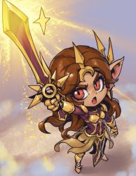 Rule 34 | 1girl, alternate ears, alternate form, arm up, armor, armored boots, boots, brown eyes, brown hair, commentary, full armor, gauntlets, gold armor, holding, holding sword, holding weapon, league of legends, leona (league of legends), long hair, multicolored background, open mouth, parted bangs, phantom ix row, pointy ears, solo, sparkle, sword, symbol-only commentary, tongue, weapon, white background, yordle