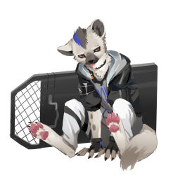 Rule 34 | 1109285578, 1boy, animal hands, arknights, black gloves, blue hair, fingerless gloves, full body, furry, gloves, grey hair, highres, hyena boy, hyena tail, infection monitor (arknights), male focus, multicolored hair, shield, simple background, sitting, solo, spot (arknights), streaked hair, tongue, tongue out, white background