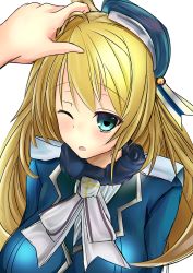 Rule 34 | 10s, 1girl, atago (kancolle), bad id, bad pixiv id, beret, blonde hair, breasts, green eyes, hat, headpat, highres, kantai collection, large breasts, military, military uniform, one eye closed, panties, personification, seuma, solo focus, striped clothes, striped panties, underwear, uniform