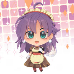 Rule 34 | 1girl, ahoge, apron, blue eyes, blush, brown dress, brown pantyhose, chibi, chorvaqueen, clipboard, commentary, dress, earrings, english commentary, frilled apron, frills, full body, gloves, holding, holding clipboard, jewelry, kafra uniform, long hair, looking at viewer, maid, maid headdress, open mouth, paid reward available, pantyhose, pavianne (ragnarok online), pearl earrings, puffy short sleeves, puffy sleeves, purple hair, ragnarok online, red sash, sash, short sleeves, smile, solo, sparkle, white gloves, yellow apron