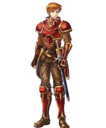 Rule 34 | 1boy, arm guards, armor, boots, brown eyes, brown footwear, brown hair, brown pants, fingerless gloves, fire emblem, fire emblem: the blazing blade, fire emblem heroes, gloves, highres, kent (fire emblem), knee boots, long sleeves, looking at viewer, male focus, nintendo, non-web source, official art, pants, red armor, short hair, shoulder armor, standing, sword, takaya tomohide, transparent background, turtleneck, weapon