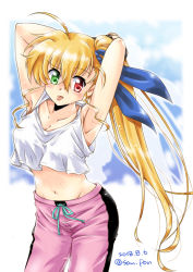 Rule 34 | 1girl, :p, ahoge, armpits, arms behind head, blonde hair, blue ribbon, breasts, cleavage, commentary, crop top, dated, green eyes, hair ribbon, heterochromia, long hair, looking at viewer, lyrical nanoha, mahou shoujo lyrical nanoha vivid, medium breasts, navel, aged up, pants, pink pants, red eyes, ribbon, san-pon, side ponytail, solo, standing, sweat, tank top, tongue, tongue out, twitter username, vivio