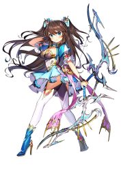 Rule 34 | 1girl, aqua eyes, archery, blush, boots, breasts, brown hair, cleavage, dress, hachihito, hair ornament, high heel boots, high heels, highres, large breasts, long hair, original, skirt, solo, twintails, two side up, white legwear
