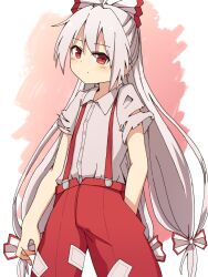 Rule 34 | 1girl, bow, buttons, closed mouth, collared shirt, cowboy shot, dot mouth, dot nose, dress shirt, fujiwara no mokou, grey hair, hair between eyes, hair bow, hand in pocket, head tilt, highres, long hair, looking at viewer, pants, pink background, red eyes, red pants, shirt, short sleeves, simple background, solo, suspenders, tksand, torn clothes, torn shirt, touhou, very long hair, white background, white bow, white shirt