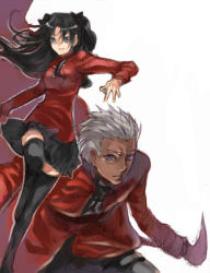 Rule 34 | 00s, 1boy, 1girl, archer (fate), black thighhighs, dark-skinned male, dark skin, fate/stay night, fate (series), thighhighs, tohsaka rin, turtleneck, two side up