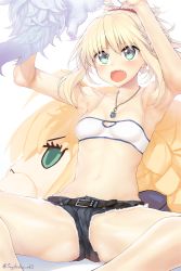 Rule 34 | 1girl, armpits, artoria pendragon (all), artoria pendragon (fate), bad anatomy, blonde hair, blush, breasts, character doll, commentary request, fate/apocrypha, fate/grand order, fate (series), feet out of frame, fou (fate), green eyes, hair ornament, hair scrunchie, hands up, jewelry, medium breasts, micro shorts, mordred (fate), mordred (fate/apocrypha), mordred (memories at trifas) (fate), necklace, open mouth, ponytail, saber (fate), scrunchie, short hair, short shorts, shorts, simple background, solo, strapless, suga hideo, tube top, twitter username, white background