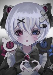 Rule 34 | 1girl, bad hands, bandaid, bandaid on head, black bow, black bowtie, black cat, black ribbon, blue eyes, blush, bow, bowtie, brooch, cat, crossed bandaids, eye hair ornament, fangs, hair between eyes, hair ornament, hair ribbon, heart, heart hands, heterochromia, highres, jewelry, long sleeves, one-eyed, original, pill hair ornament, purple eyes, ribbon, shiona (siona0625), short hair, solo, straight-on, tongue, tongue out, upper body, white cat, x hair ornament